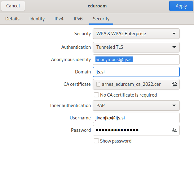 Primer nastavitve v Network Managerju v OS Linux